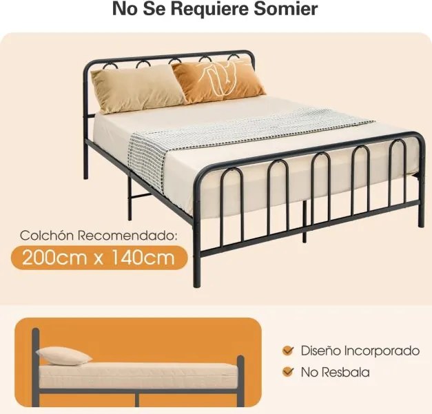 Estrutura de cama metálica com cabeceira e estrado moderna 208x164x101 cm Preto