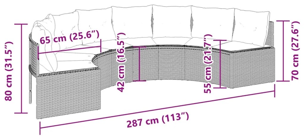 Sofá de jardim com almofadões semicircular vime PE preto