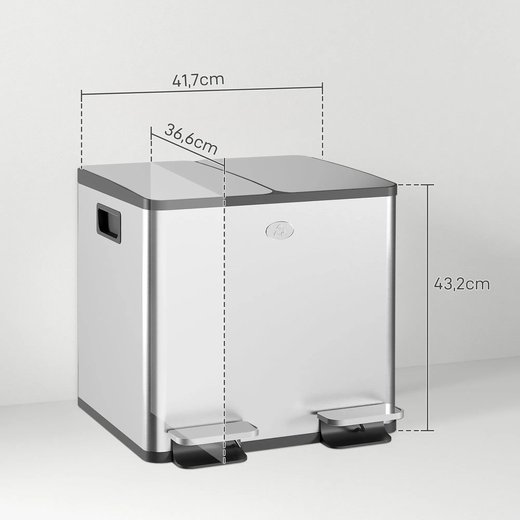 Balde de Lixo de Cozinha com 2 Compartimentos 2x15L Cubo de Lixo de Aç