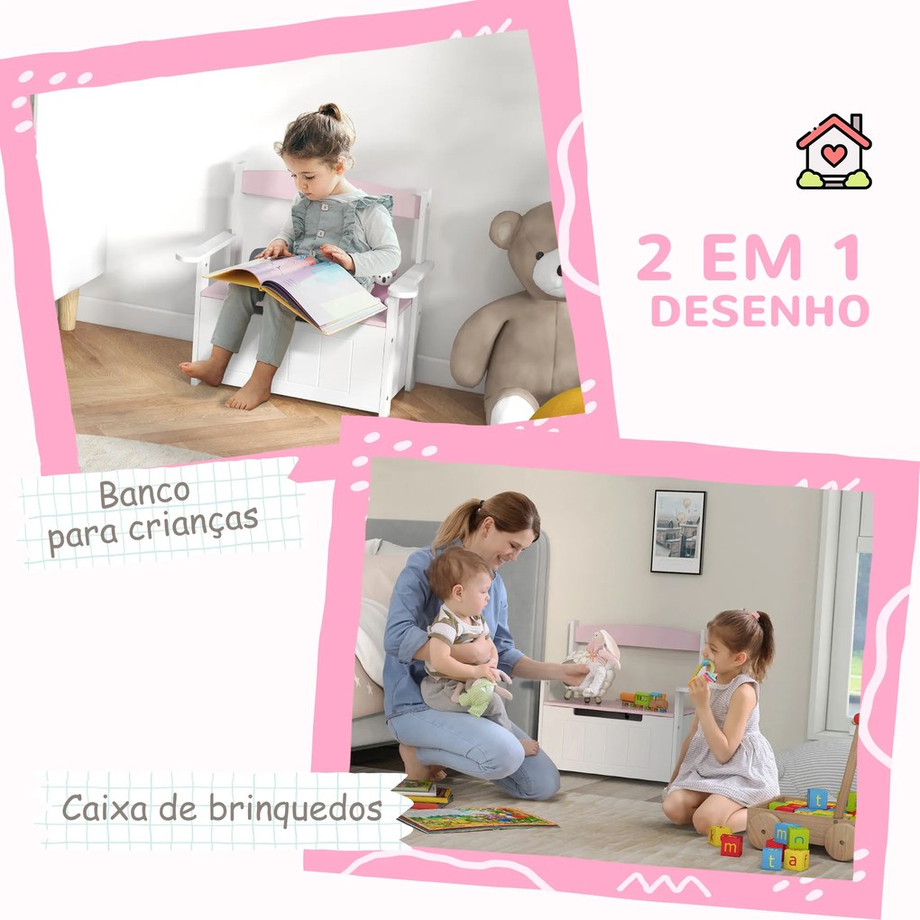 Baú de Brinquedos Infantil Banco de Armazenamento para Crianças com Encosto e Tampa Amortecida 68,5x34x58 cm Rosa e Branco