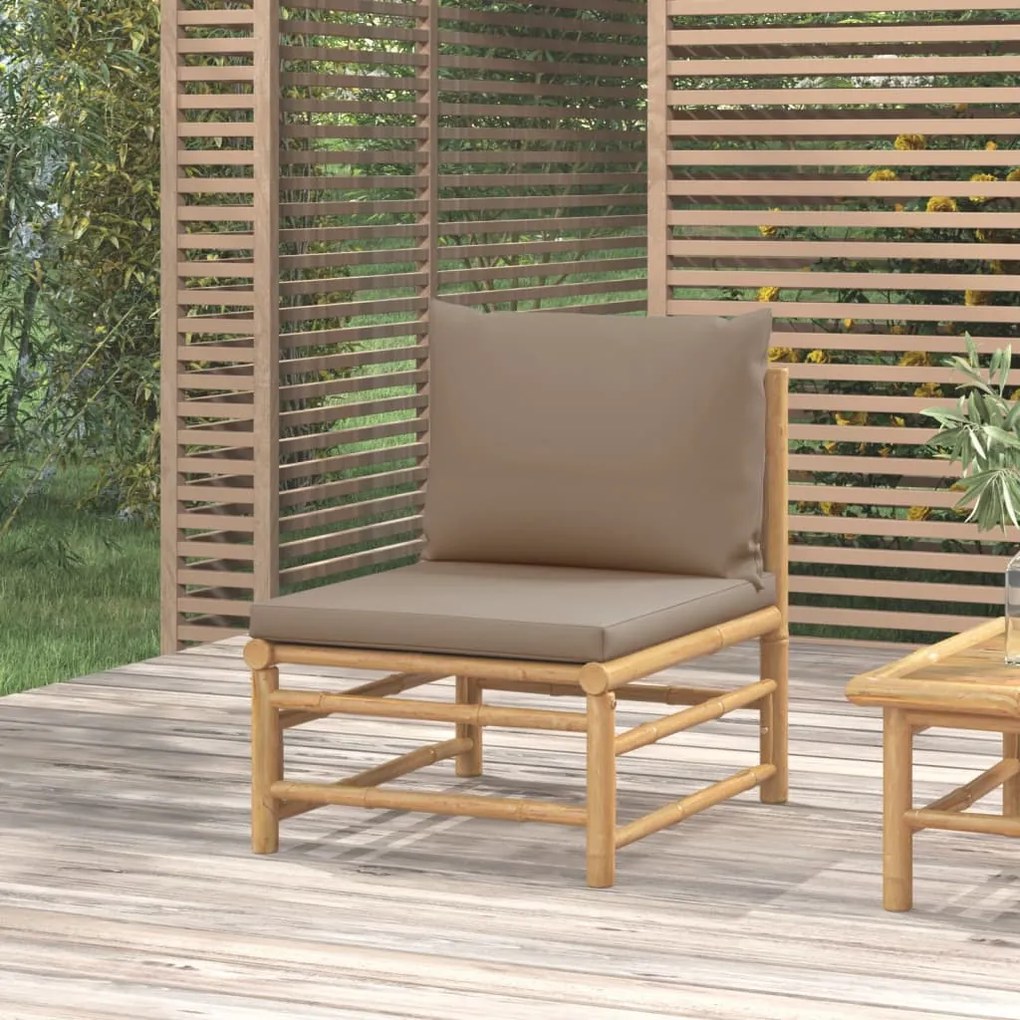 vidaXL Sofá de centro jardim bambu c/ almofadões cinzento-acastanhado