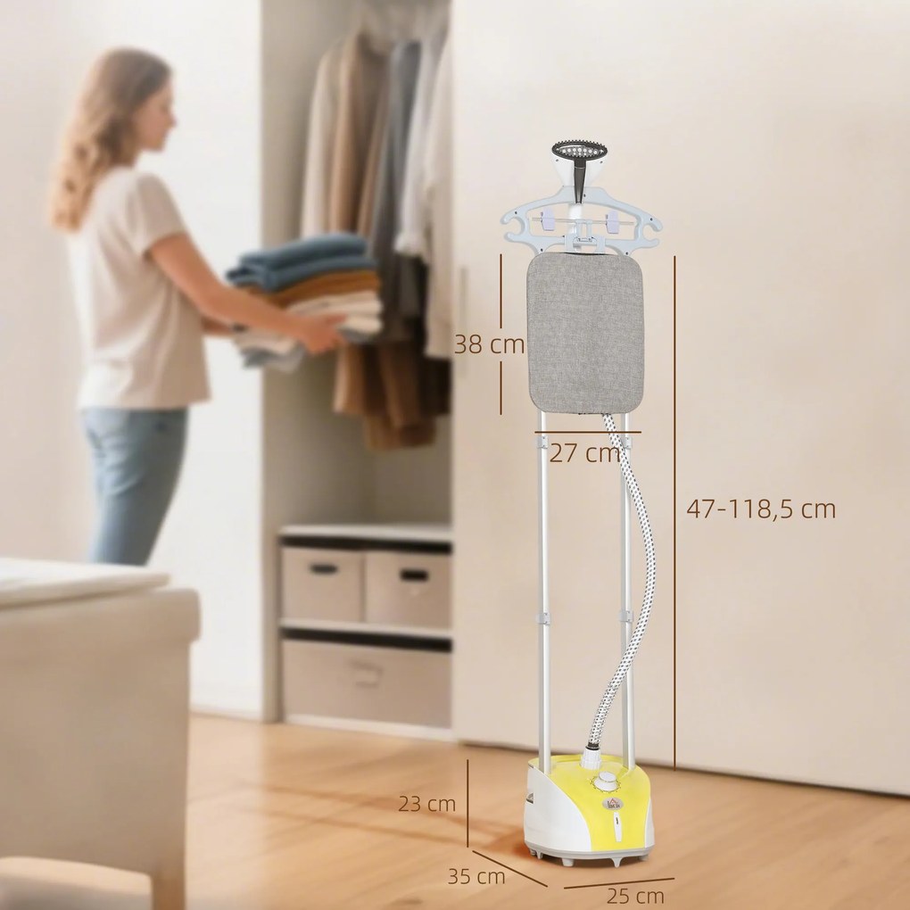 Ferro de Engomar a Vapor 1800W Temperatura Ajustável 11 Níveis Depósito de 2 L Aquecimento em 38s 35x25x47-118,5 cm Amarelo