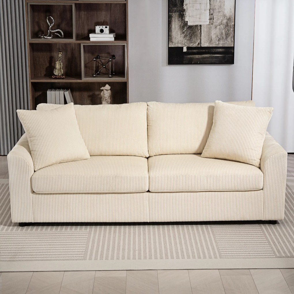 Sofá de 3 Lugares Moderno 212x80x88 cm Sofá Sala de Estar Estofado com 2 Almofadas Apoio de Braços e Estrutura de Aço Creme