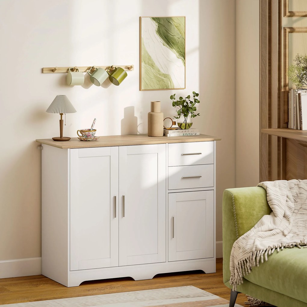 Aparador de sala, móvel de arrumação com 2 gavetas, 3 portas e prateleira ajustável, 100 x 40 x 78 cm, branco e madeira natural