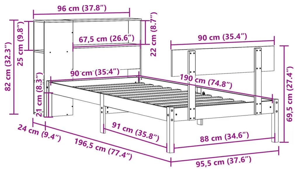 Cama com estante sem colchão 90x190 cm pinho maciço branco