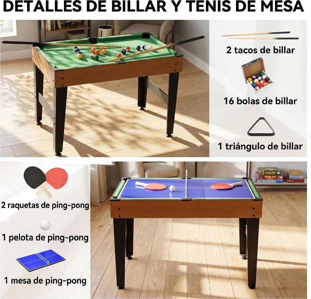 Mesa Multijogos 4 em 1 com Matraquilhos Bilhar Hóquei de Mesa e Ping-pong para Crianças e Adultos 107x61x84,5 cm Natural