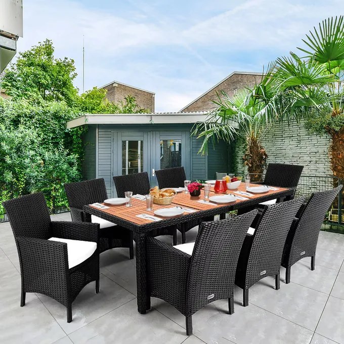 Conjunto de jardim em polyrattan Rom, 9 peças, madeira de acácia preto