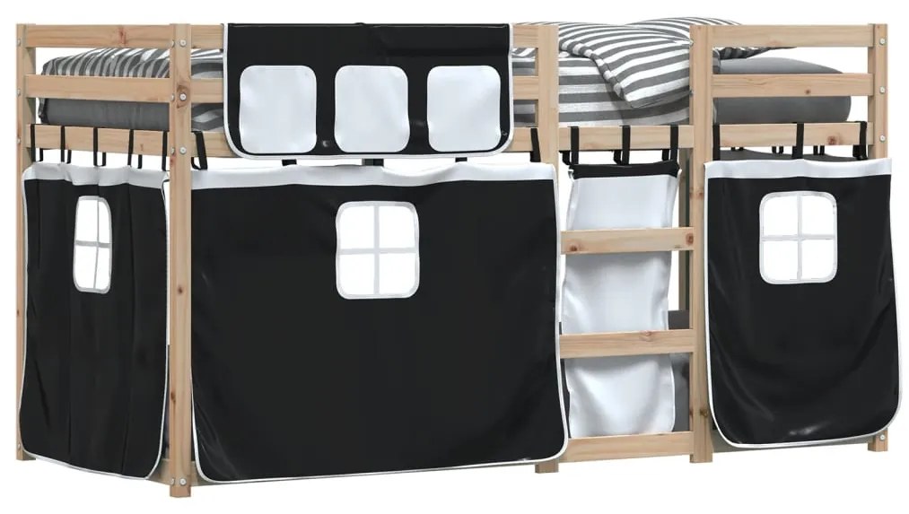 Beliche com cortinas 90x190 cm pinho maciço branco e preto