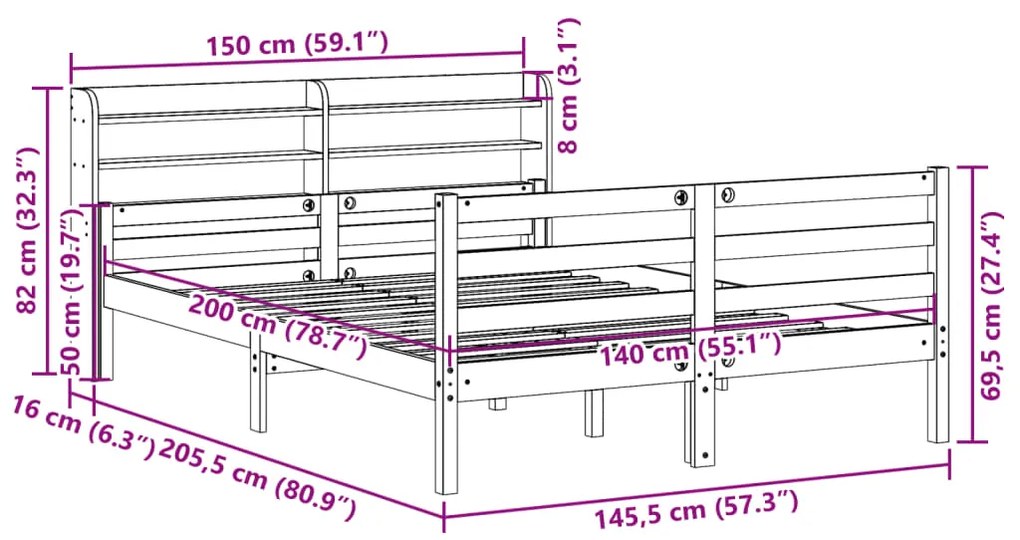Estrutura de cama com cabeceira 140x200 cm pinho maciço