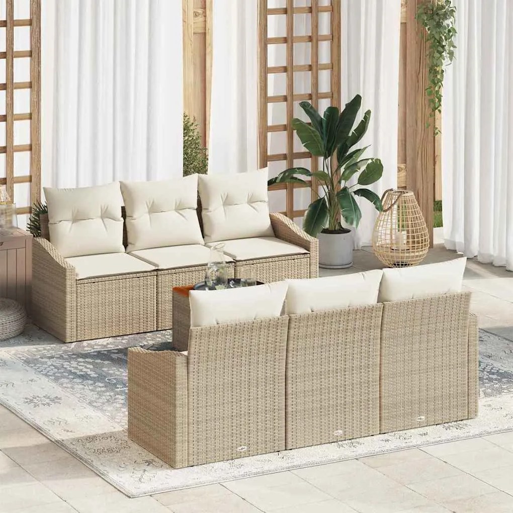vidaXL Conjunto de Sofá de Jardim de 7 Peças com Almofadas Beijinha em Rattan Sintético e Acácia