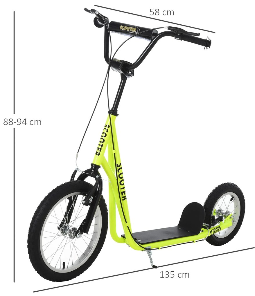 Trotinete para crianças acima de 5 anos Guiador ajustável Rodas infláveis 135x58x88-94 cm Amarelo