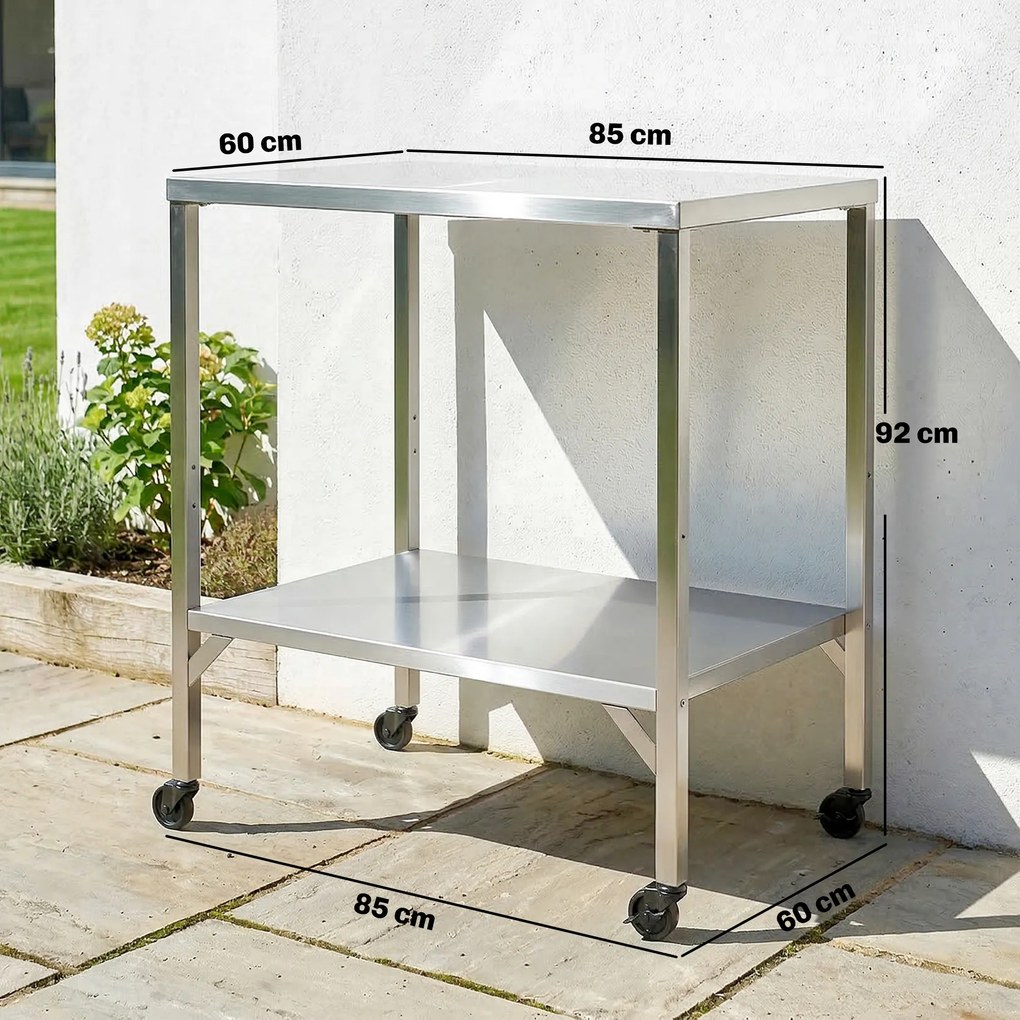 Carrinho de churrasco 85 x 60 x 92 cm com mesa de preparação para exterior, com bancada e rodas em aço inoxidável, prateado