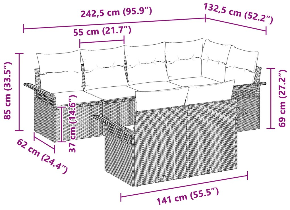 Conjunto de Sofás para Jardim de 7 Peças com Almofadas Bege de Vime Si