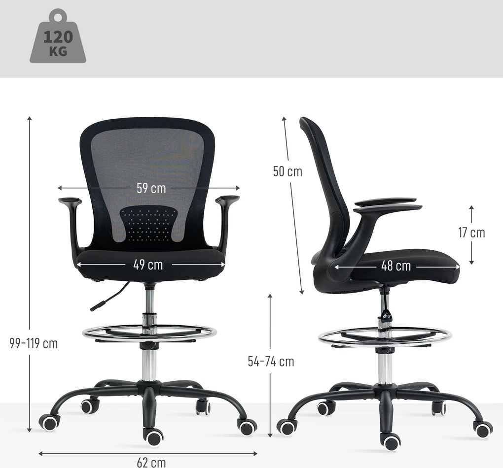 Cadeira de escritório 59 x 62 x 99-119 cm ergonómica com apoio para os pés ajustável e braços rebatíveis, altura regulável, preta