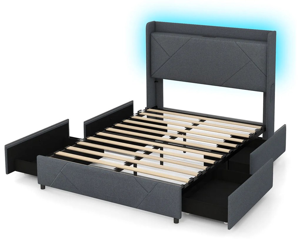 Estrutura de cama dupla com luzes LED 200 x 140 cm (SEM COLCHÃO), com estação de carregamento, e 4 gavetas, cinzenta
