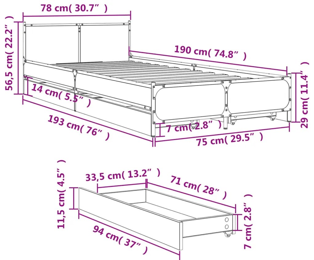 Estrutura cama c/ gavetas 75x190 cm derivados de madeira preto