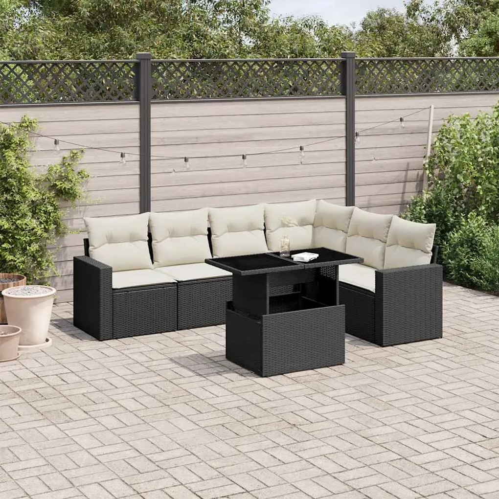vidaXL 7 pcs conjunto de sofás p/ jardim c/ almofadões vime PE preto