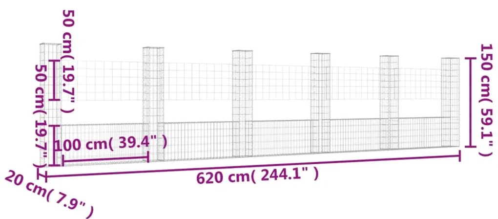 Cesto gabião em forma de U c/ 6 postes 620x20x150 cm ferro