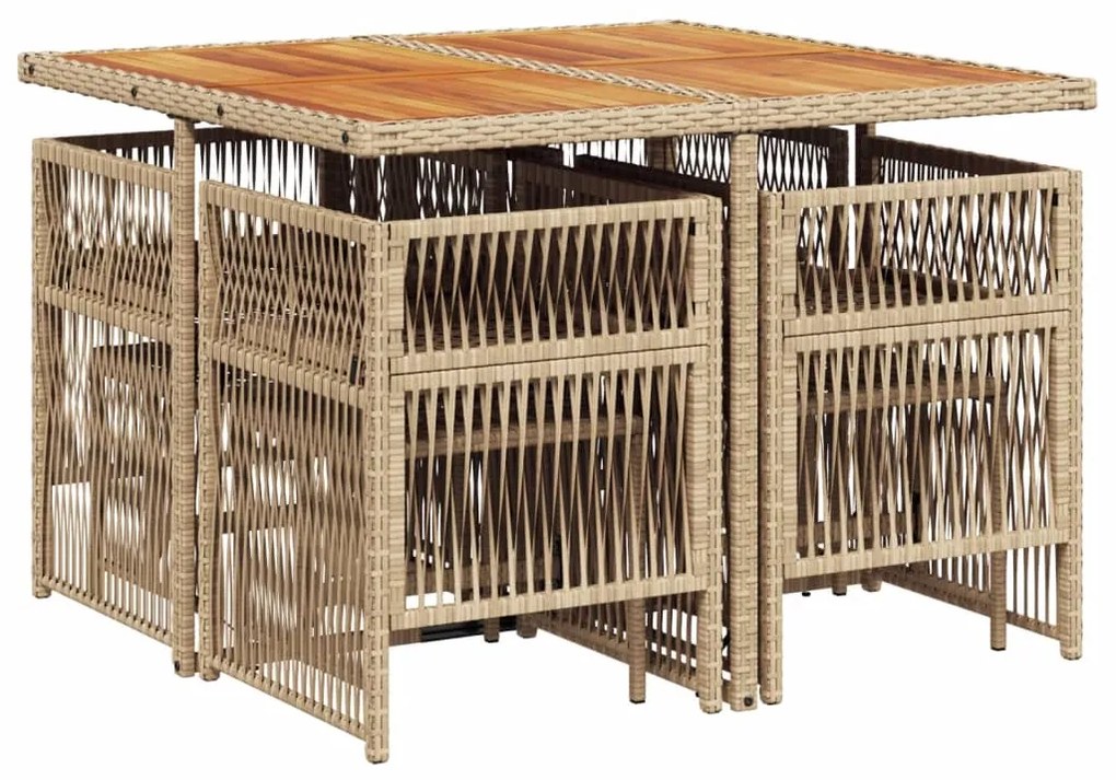 9 pcs conjunto de jantar p/ jardim com almofadões vime PE bege