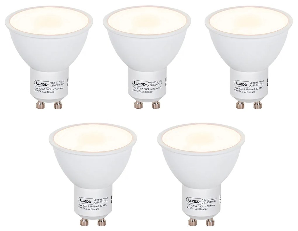 Conjunto de 5 Lâmpadas LED GU10 com Sensor Crepuscular 5W 380lm 2700K
