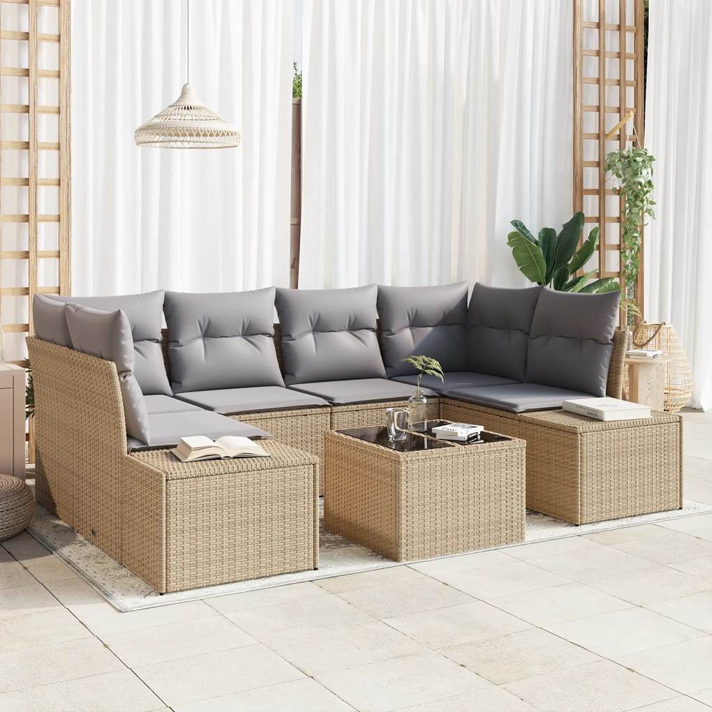 Conjunto de Sofá de Jardim de 7 peças com Almofadas Bege de Polirattan