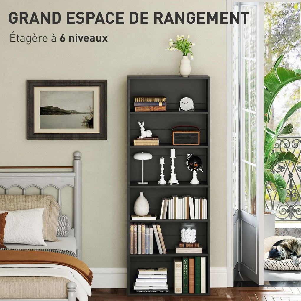 Estante de arrumação 60 x 24 x 158,5 cm com 6 níveis e prateleiras ajustáveis para sala de estar, quarto, escritório, preta