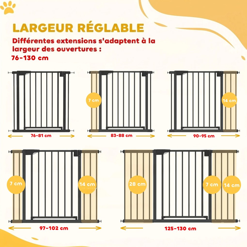 Barreira de Segurança para Bebés e Animais, 124 x 3 x 76 cm, Fixação por Pressão sem Perfuração, Preto