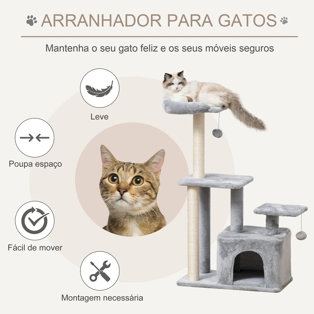 Arranhador para Gatos Altura 114 cm com Postes de Sisal 3 Plataformas Caverna e 2 Bolas Suspensas Cinza Claro