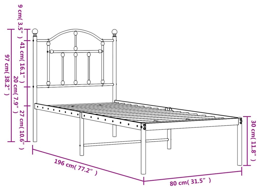 Estrutura de cama com cabeceira 75x190 cm metal preto