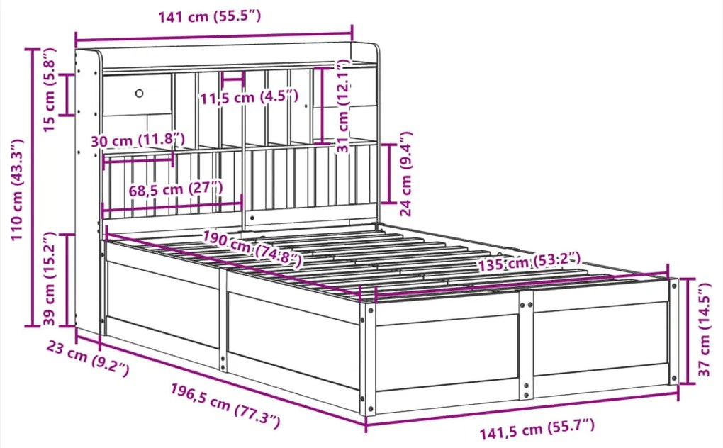 Cama sem colchão 135x190 cm madeira de pinho maciça