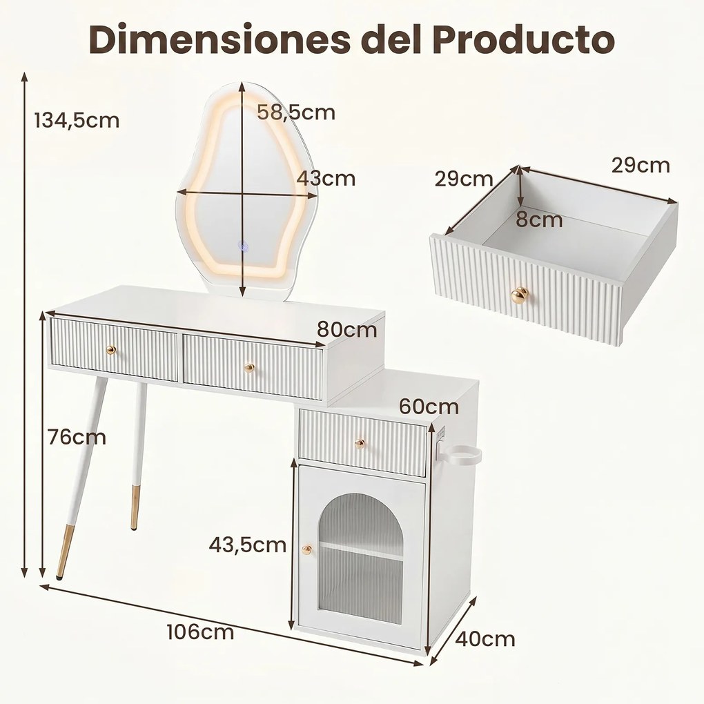 Toucador de Maquilhagem com Espelho, 106 x 40 x 134,5 cm, Iluminação Regulável, Branco