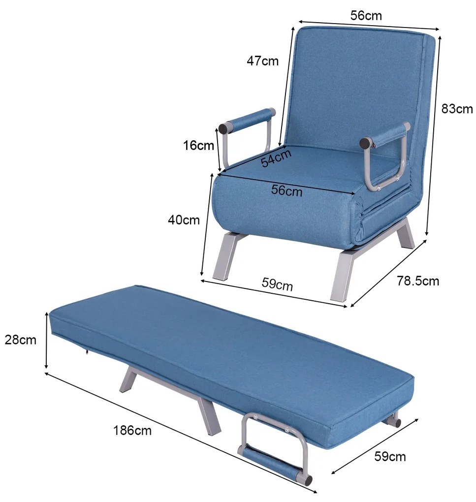 Sofá-cama individual Poltrona dobrável multifuncional com encosto Corrimão Sofá individual para sala de estar Azul