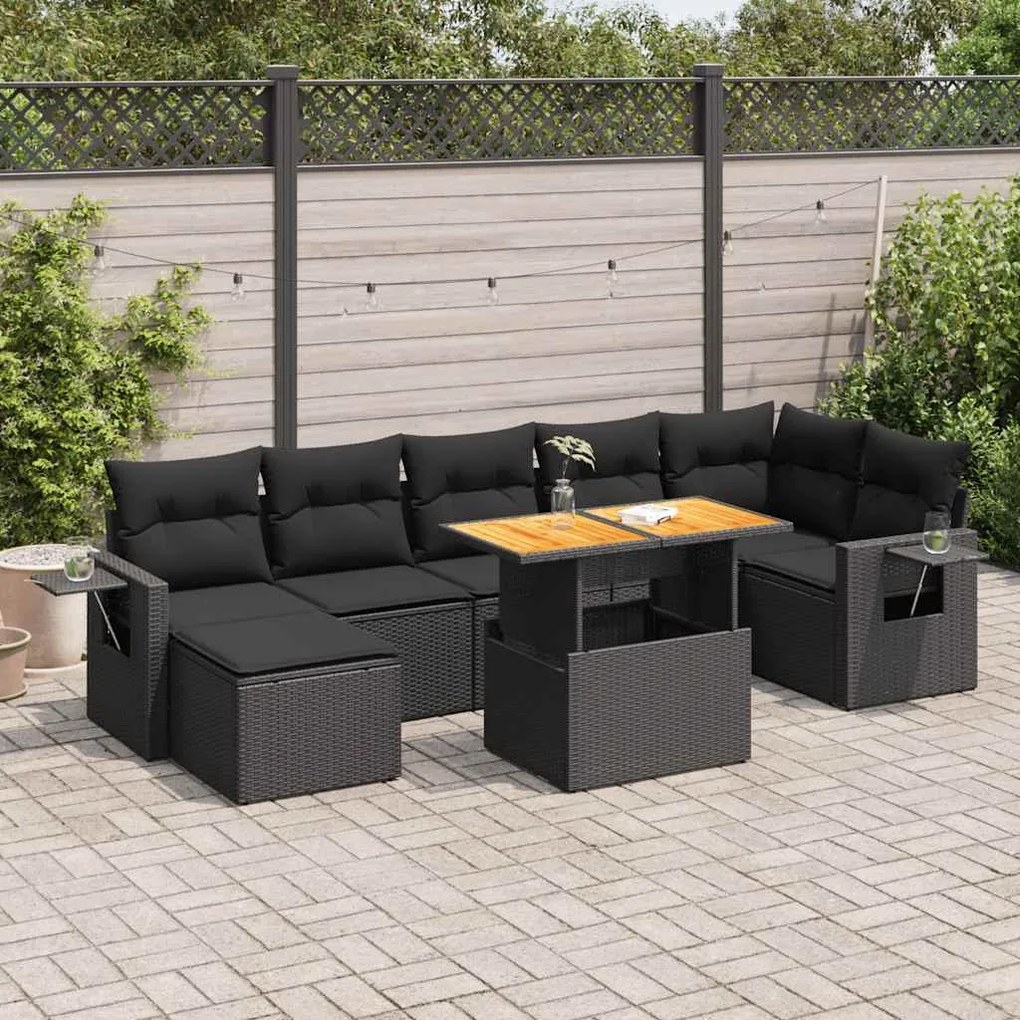 8 pcs conjunto sofás de jardim com almofadões vime PE preto