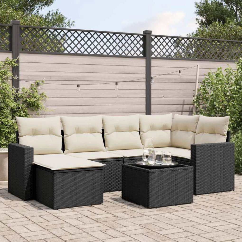 7 pcs conjunto de sofás p/ jardim c/ almofadões vime PE preto