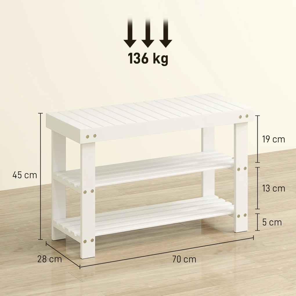 Banco Sapateira de Bambu Organizador de Sapatos com 2 Prateleiras para 6-9 Pares de Sapatos 70x28x45 cm Branco
