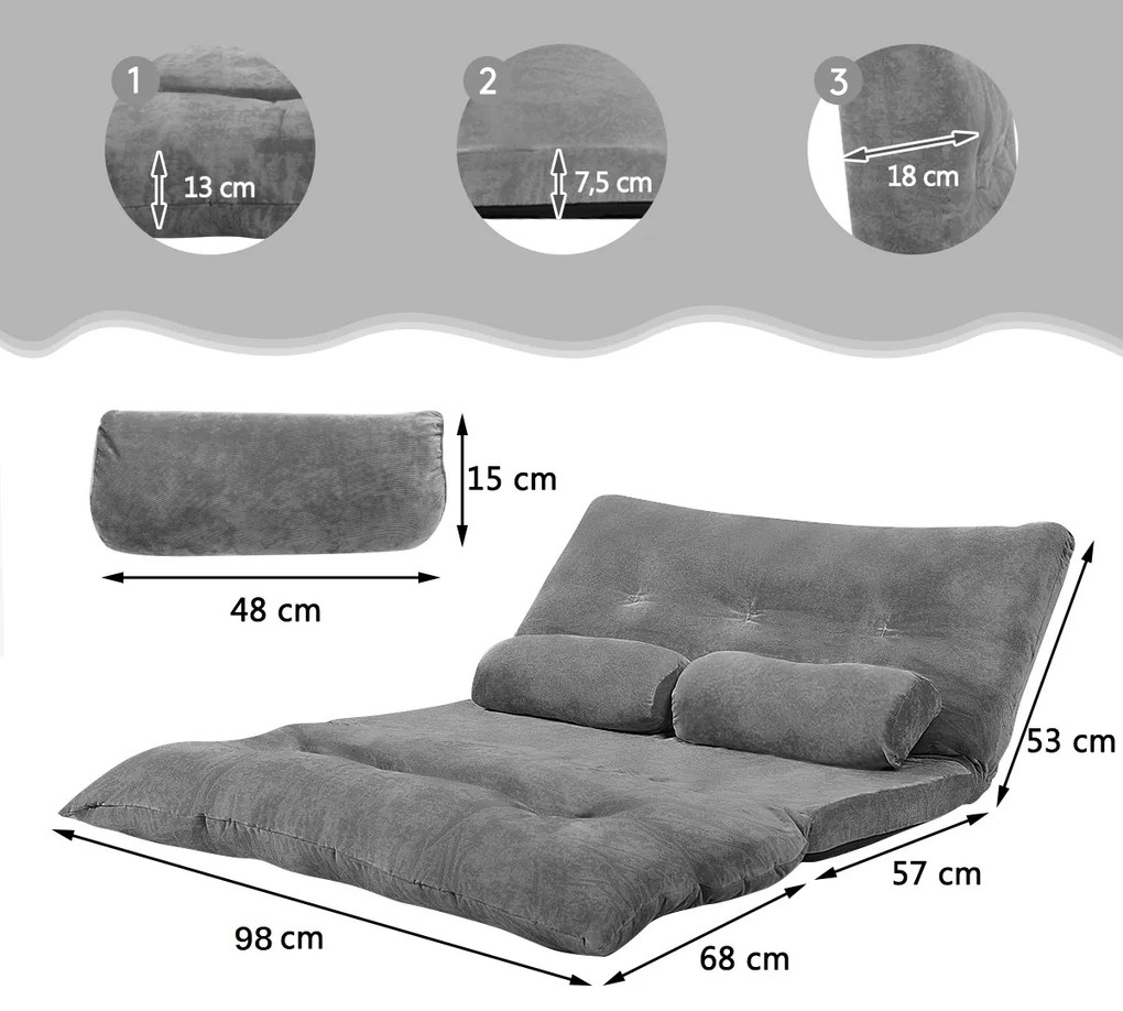 Sofá chão Sofá-cama multifuncional ajustável em 6 posições com 2 almofadas Forro em camurça para quarto, sala, varanda Cinzento