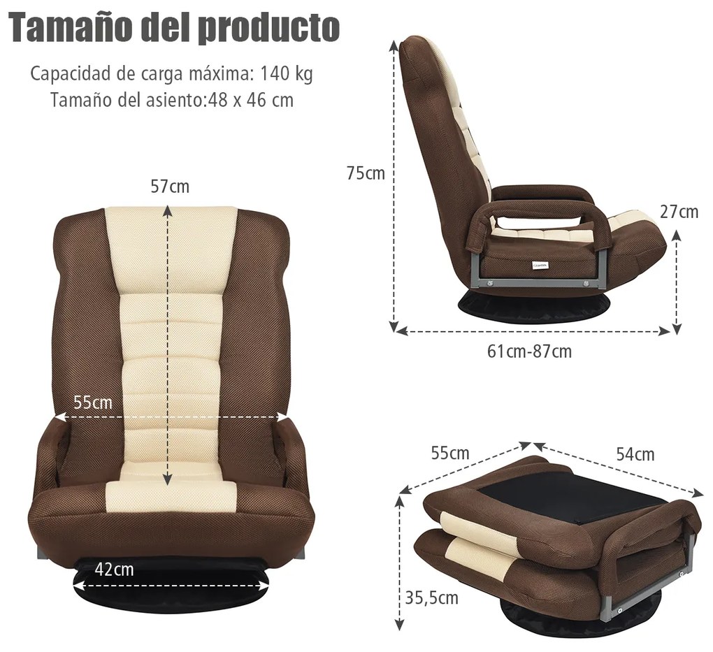 Sofá-cadeira rebatível ajustável em 6 posições com base giratória de 360° para ler e relaxar  61-87 x 55 x 75 cm Castanho
