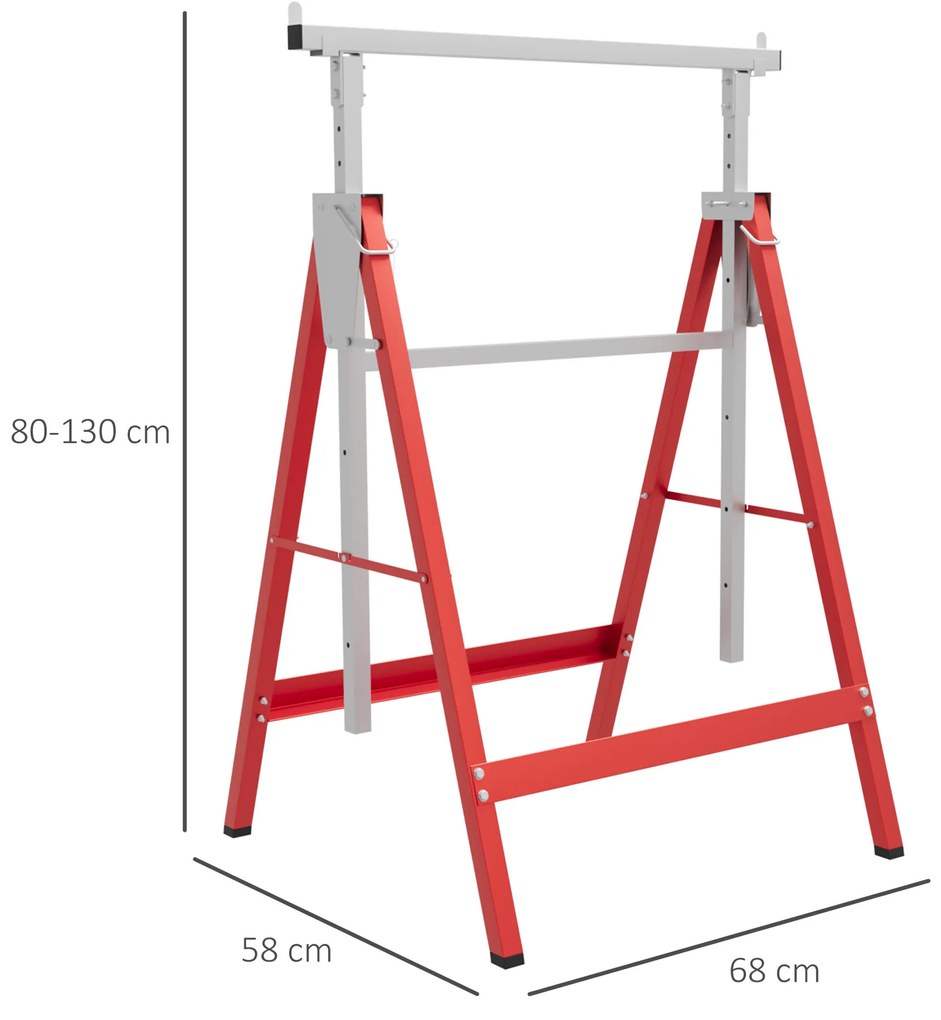 Conjunto de 2 Cavaletes Telescópicos Dobráveis com Altura Ajustável Cavaletes de Serra de Aço 68x58x80-130 cm Vermelho