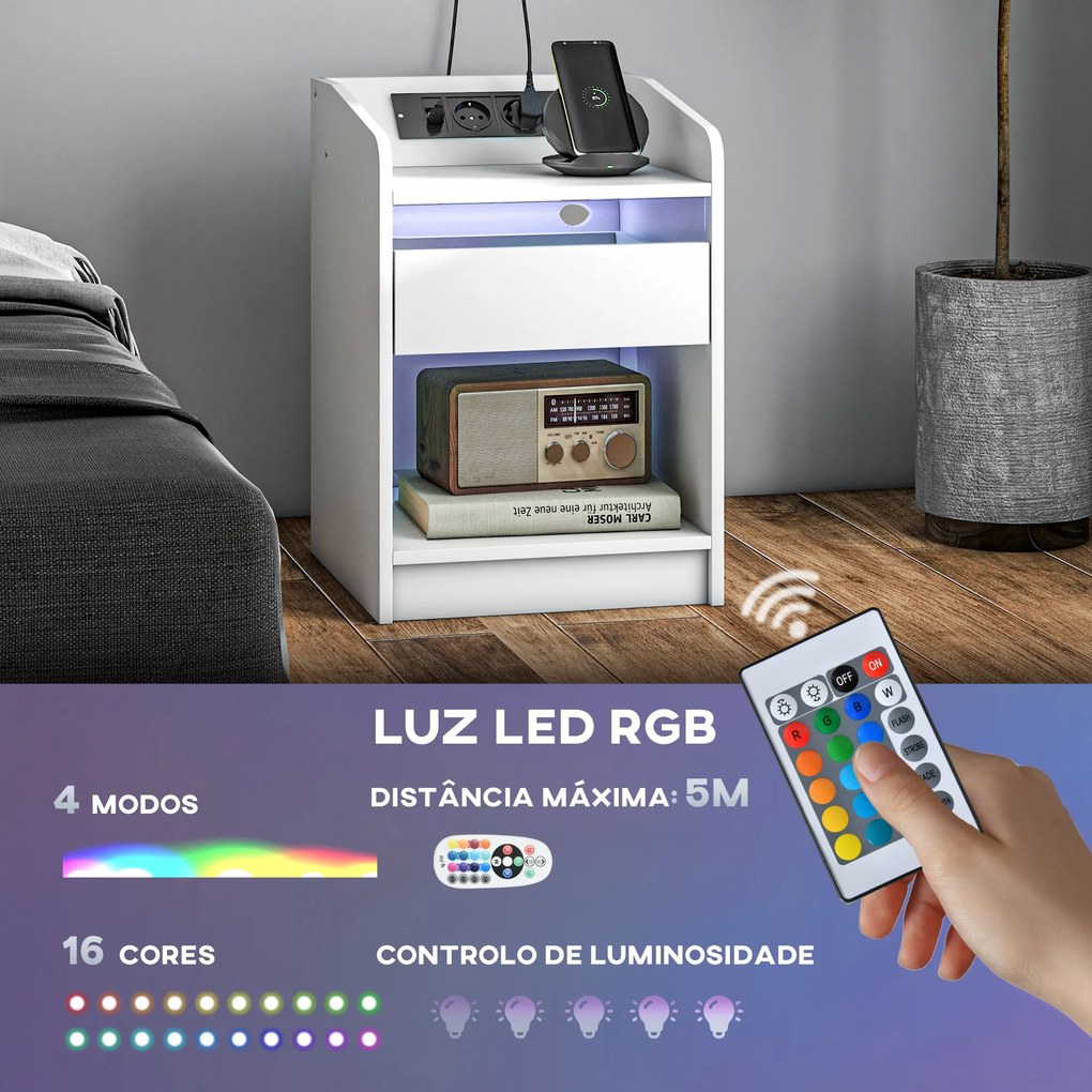 Mesa de Cabeceira com Luzes LED Gaveta Prateleira Estação de Carregamento Entrada USB e Controlo Remoto 40x40x58 cm Branco