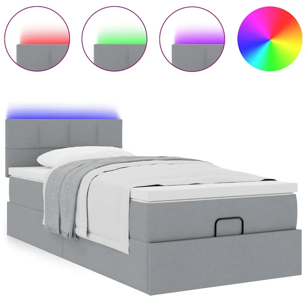 Cama Otomana com colchão & LEDs 90x200 cm tecido cinzento claro