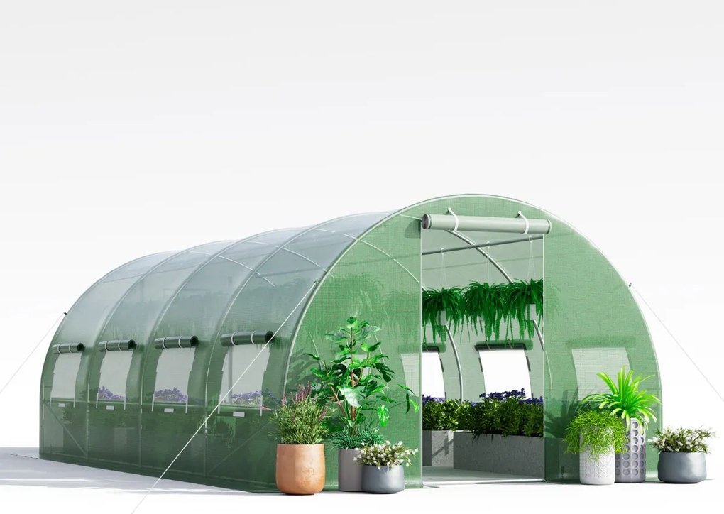 Estufa Túnel exterior com 10 janelas enroláveis 2 portas com fecho de correr Tenda de jardim à prova de vento 6 x 3 x 2 m Verde