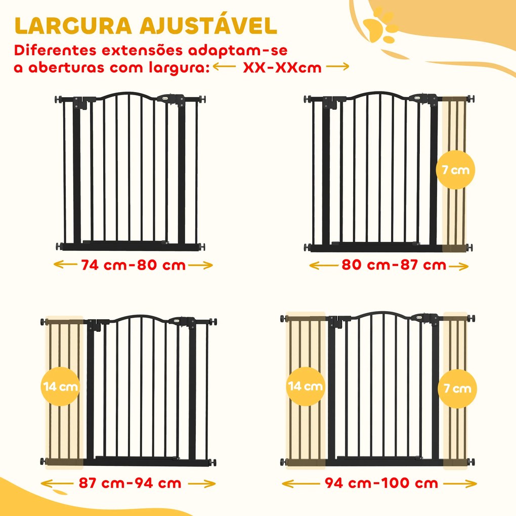 Barreira de Segurança para Cães com Largura Ajustável 74-100 cm e Extensões para Escadas e Portas Preto