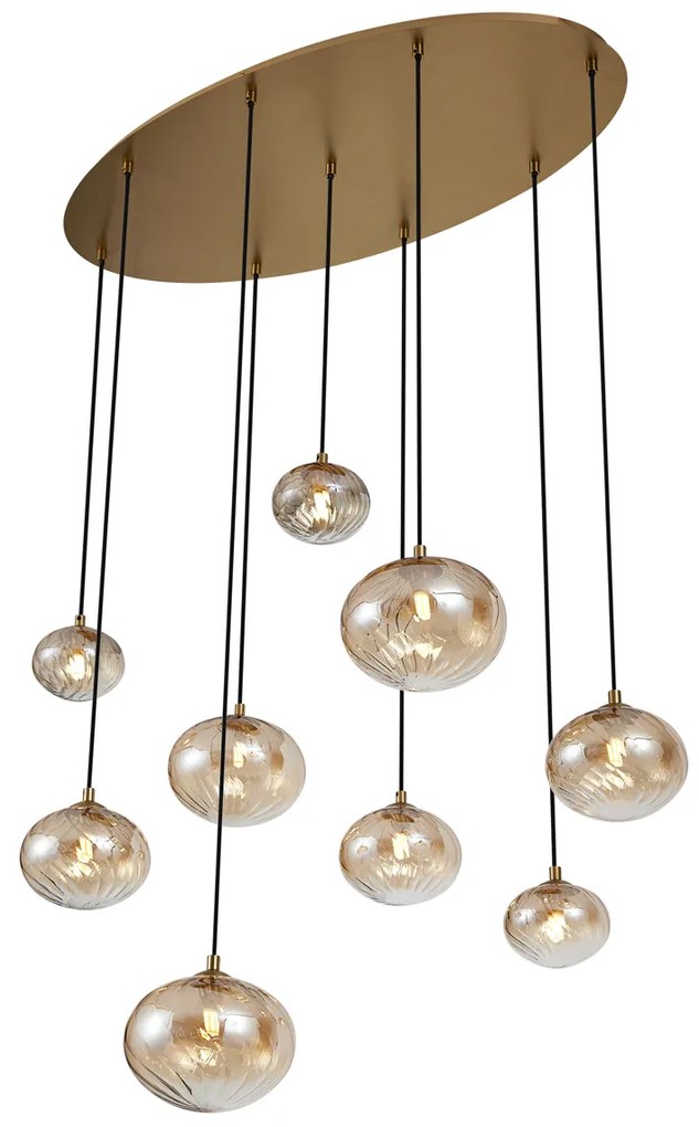 Candeeiro suspenso Art Deco dourado com vidro âmbar 9 luzes - Jia Art Deco