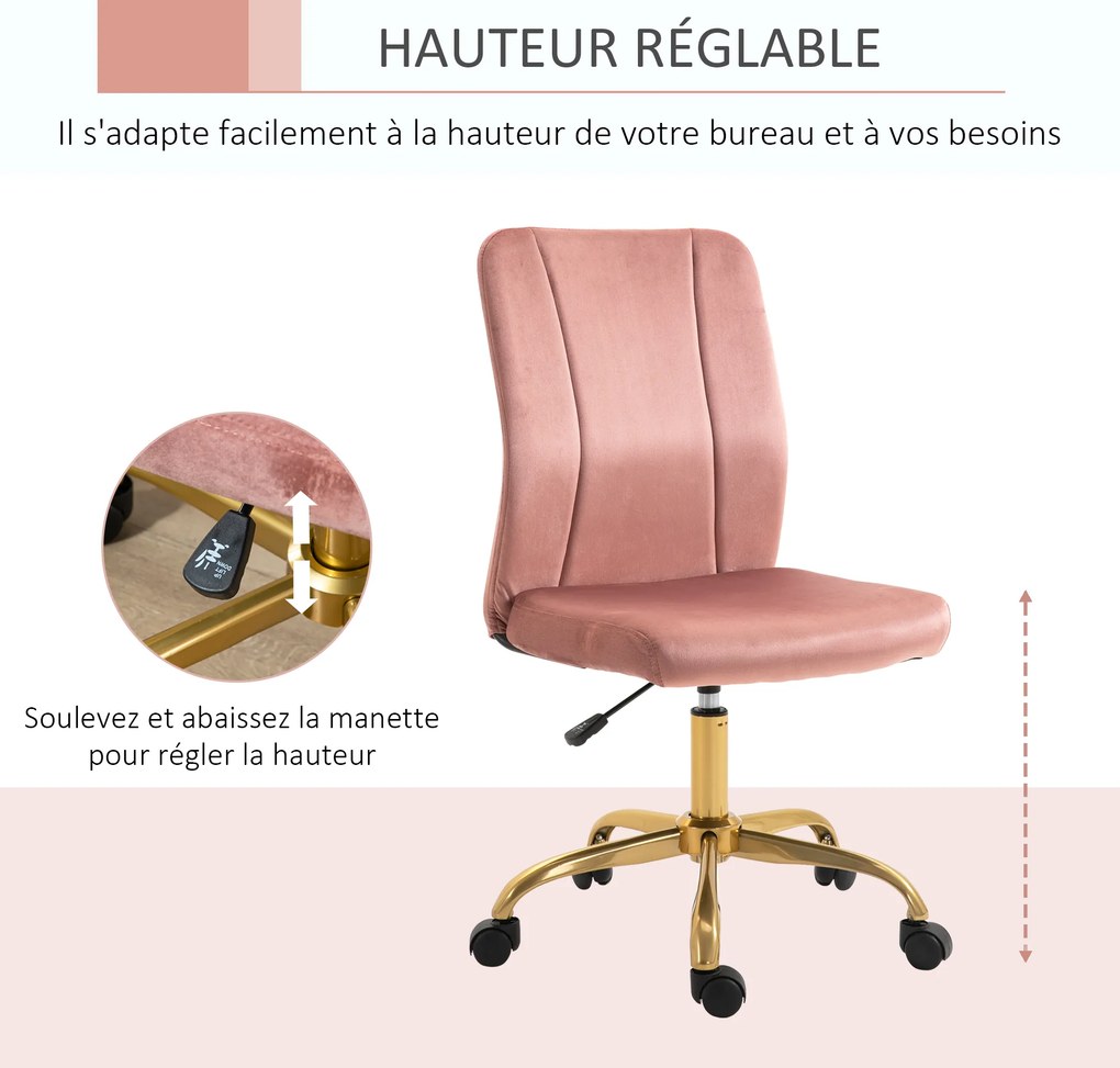 Cadeira de escritório giratória a 360°, ergonómica, encosto curvo, altura ajustável, revestimento em veludo, 56 x 60 x 102 cm, rosa e dourado