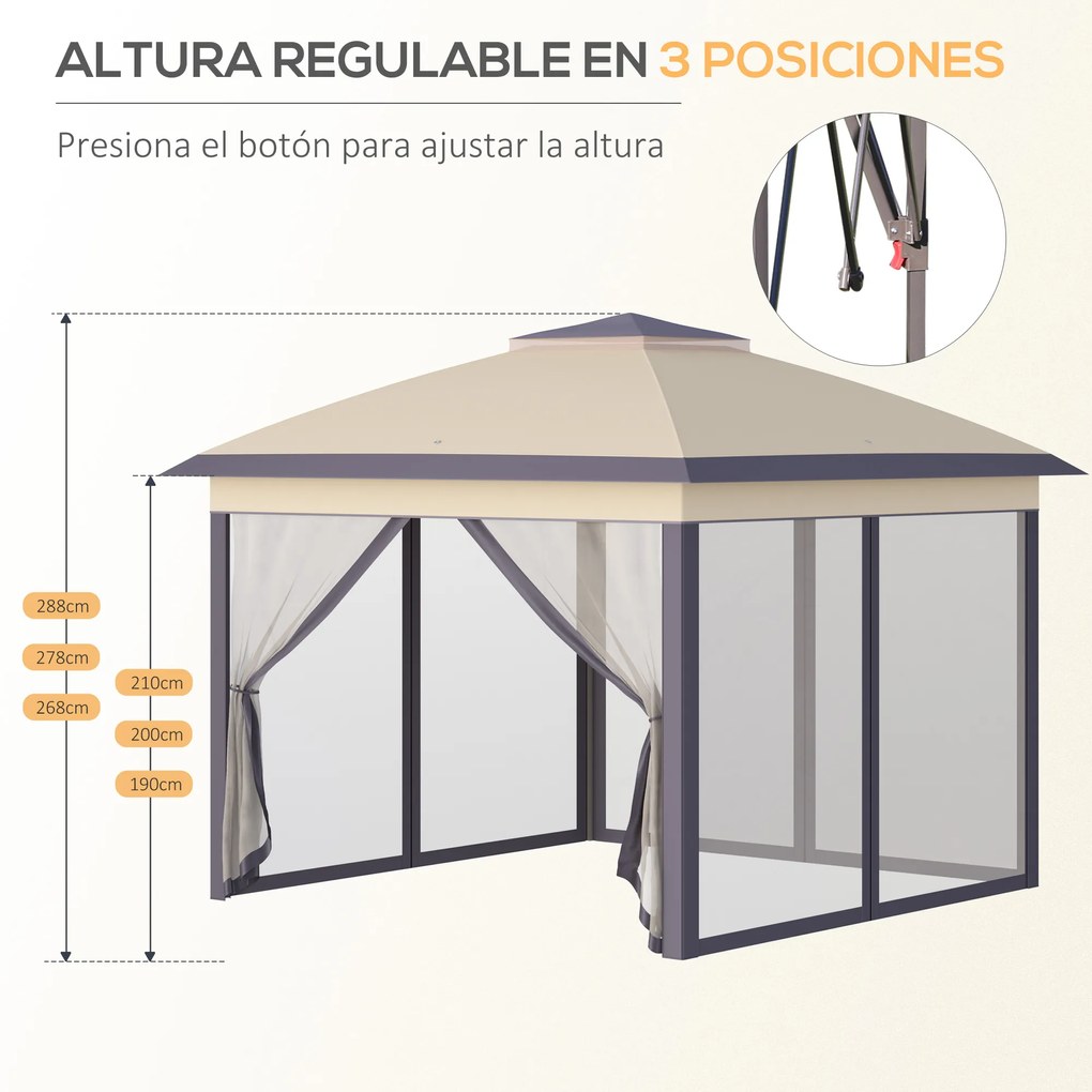 Outsunny Pérgola Dobrável Exterior 3,3x3,3x2,88m com Altura Ajustável Pérgola de Jardim com Duplo Teto 4 Mosquiteiras Removíveis e Bolsa de Transporte para Acampamento Festas Bege