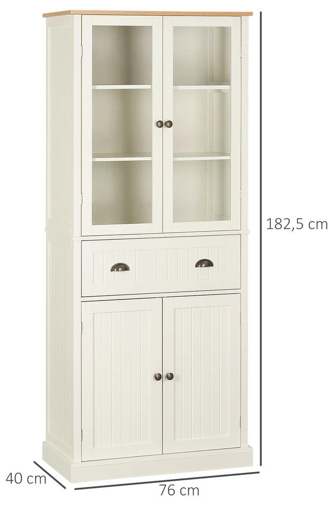Armário de Cozinha com 2 Portas de Vidro 1 Gaveta e Prateleira Ajustável Móvel Auxiliar de Cozinha Anti-Tombo 76x40x182,5cm Creme