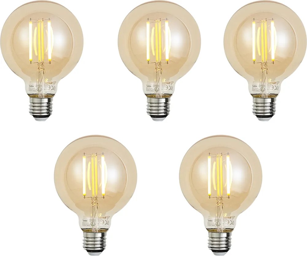 Conjunto de 5 lâmpadas LED E27 inteligentes reguláveis G95 douradas 7W 806 lm 1800-6500K