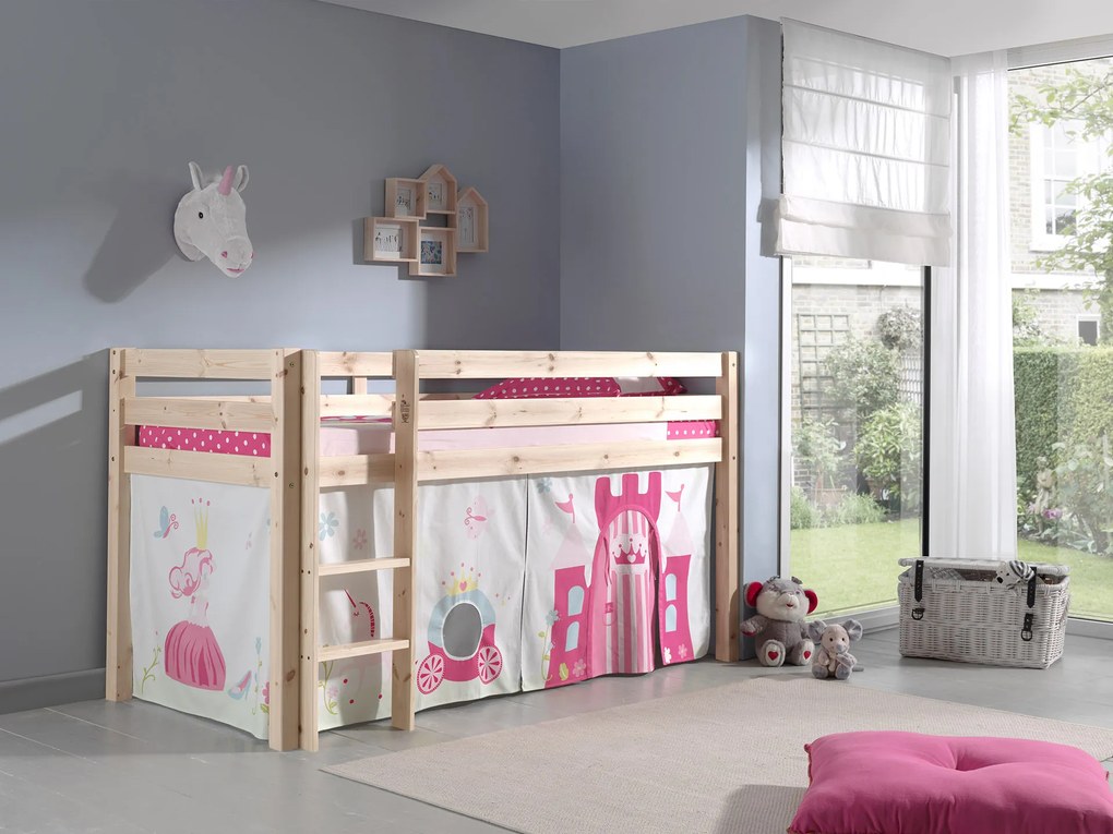 Conjunto Cama alta de Criança PINO 90 x 200 cm + estrado + escada + cortina Princesa Natural