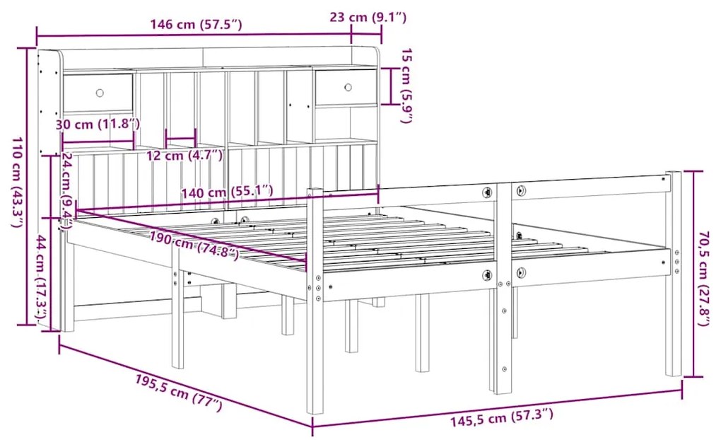 Cama com estante sem colchão 140x190 cm pinho maciço