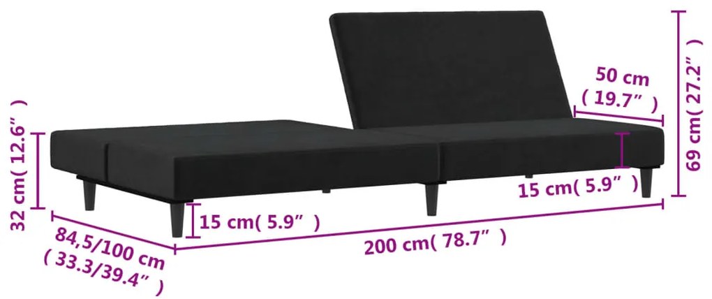 Sofá-cama de 2 lugares veludo preto